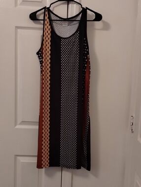 Sleeveless Midi Dress in Black and Rust with Polka Dot & Stripe Panels